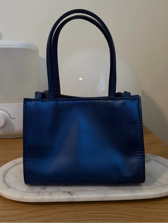 Telfar Small Metallic Navy Shopping Bag - Women's Leather Tote - Picture 2 of 6